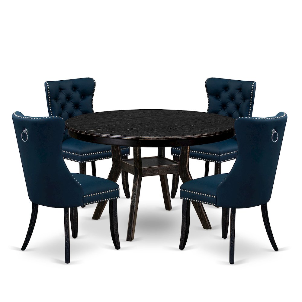 5 Piece Dining Table Set Consists Of 48" Round Table In Navy Blue Color. Picture 1