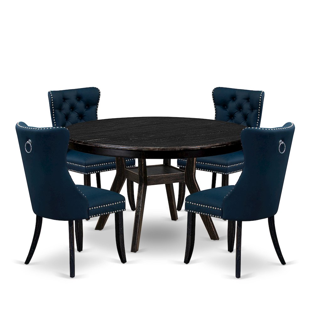5 Piece Dining Table Set Consists Of 54" Round Table In Navy Blue Color. Picture 1