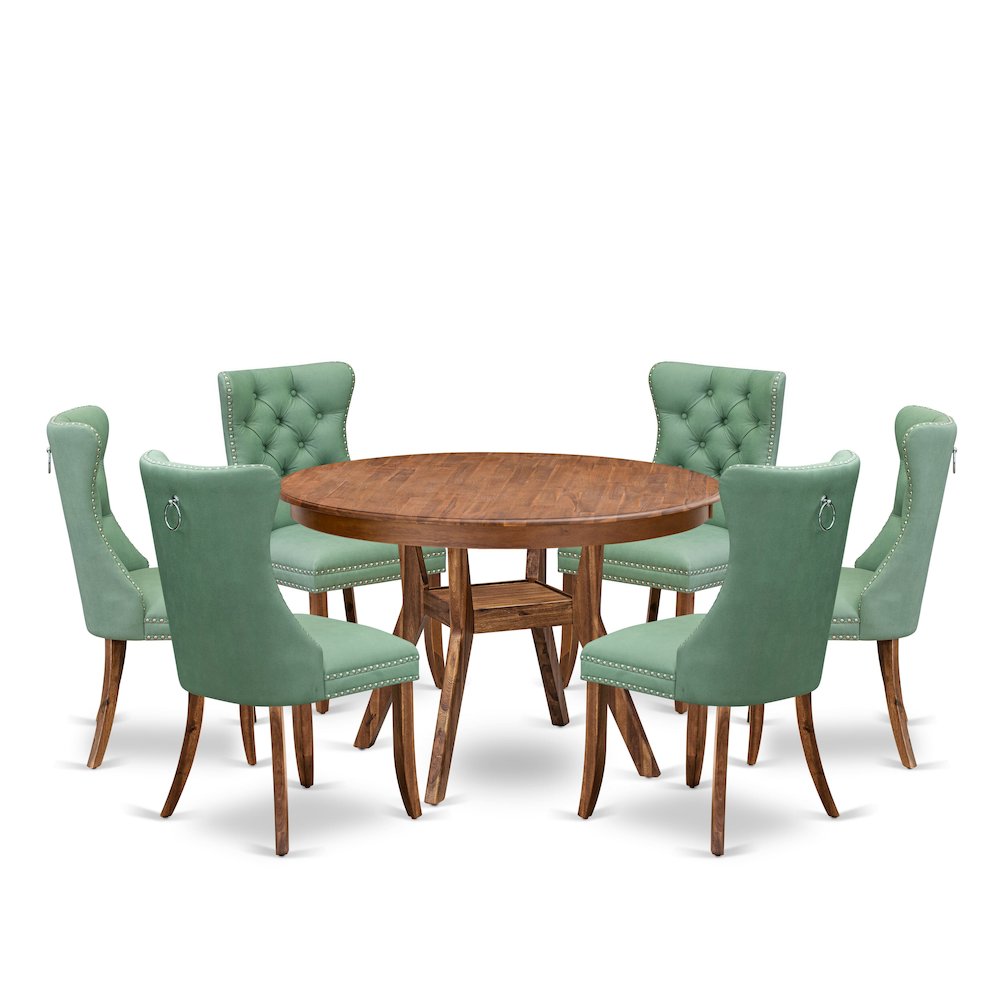 7-Pc Kitchen Set Include A Modern Table And 6 Willow Green Upholstered Chairs. Picture 1