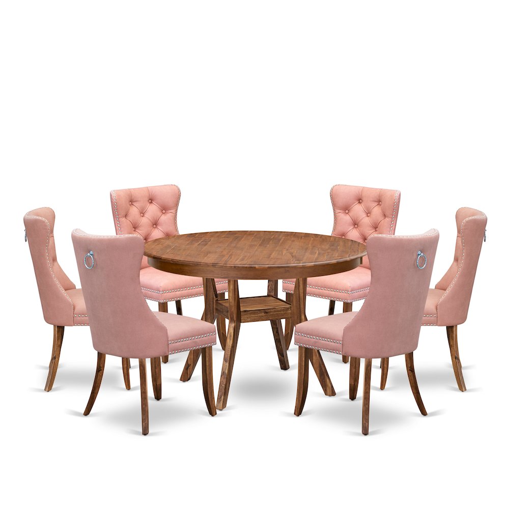 7-Pc Modern Dining Table Set Include A Modern Table, 6 Beige Red Dining Chairs. Picture 1