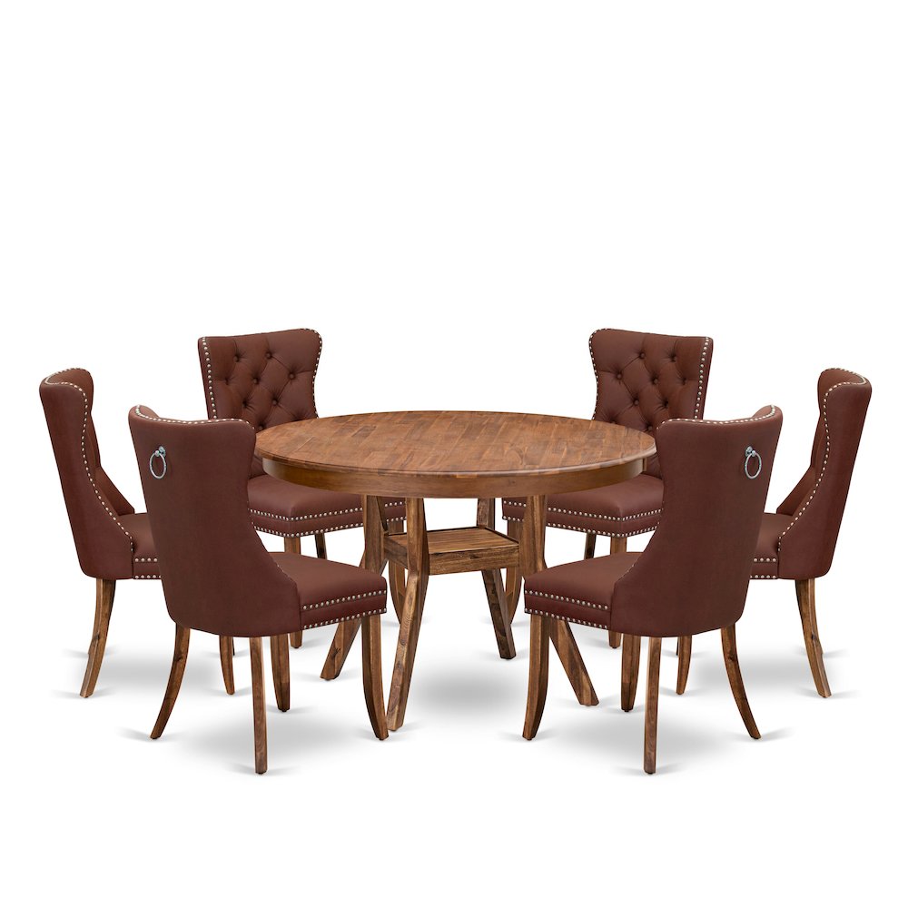 7-Pc Mid Century Modern Dining Set Include A Modern Table And 6 Burgundy Chairs. Picture 1