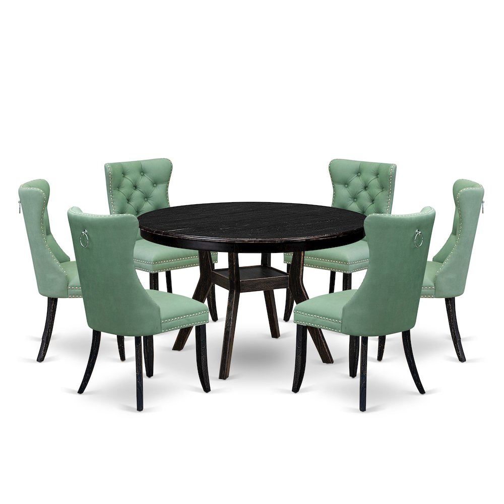 7 Piece Dinette Set Contains 48" Round Table In Willow Green Color. Picture 1