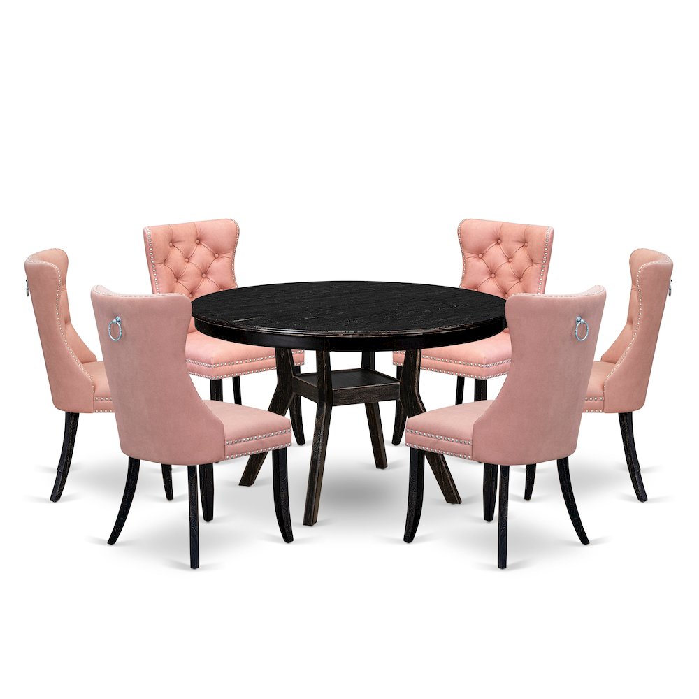 7 Piece Dining Set Includes 48" Round Kitchen Table In Beige Red Color. Picture 1