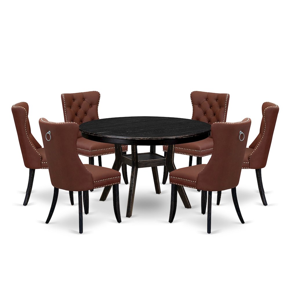 7 Piece Dining Table Set Includes 48" Round Table In Burgandy Color. Picture 1
