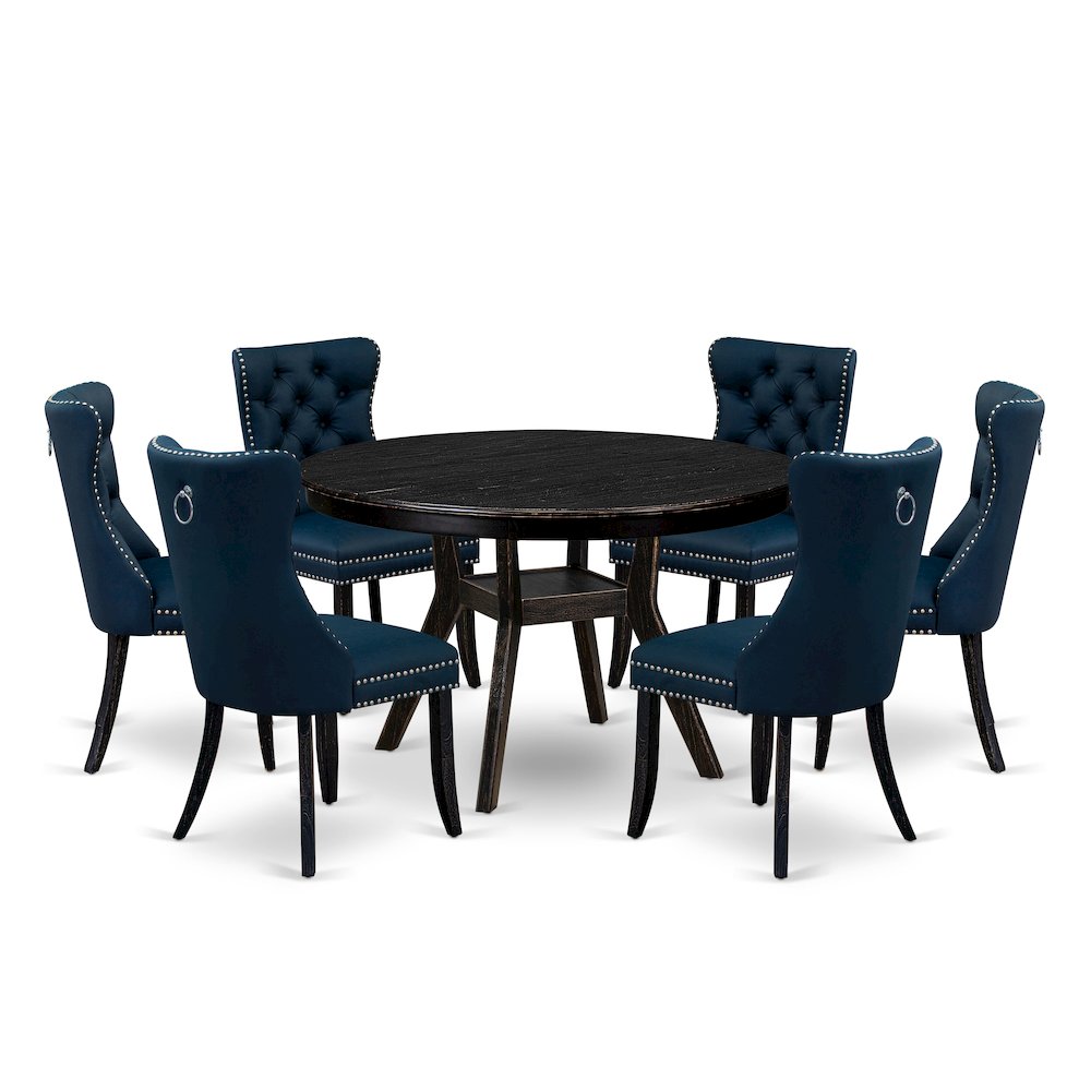 7 Piece Dining Table Set Contains 48" Round Table In Navy Blue Color. Picture 1