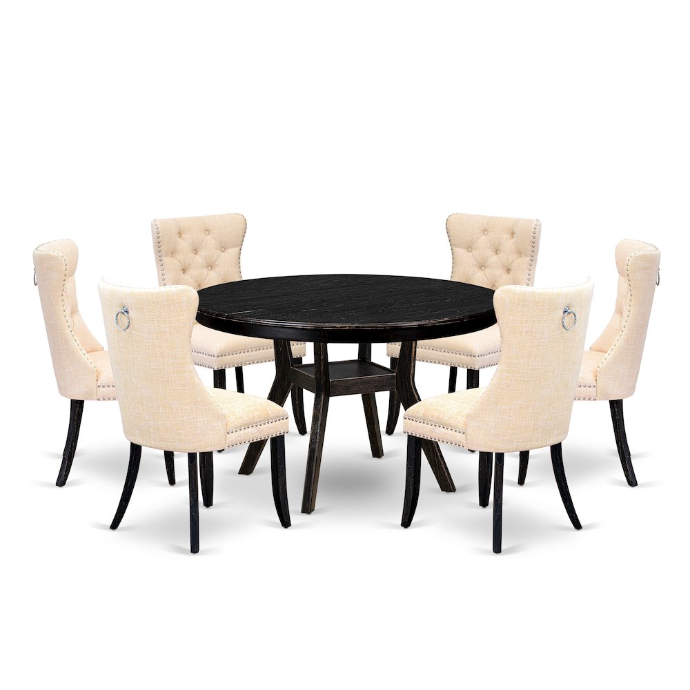 7-Piece Dining Set Of A Wood Table, 6 Light Beige Linen Fabric Kitchen Chair. Picture 1
