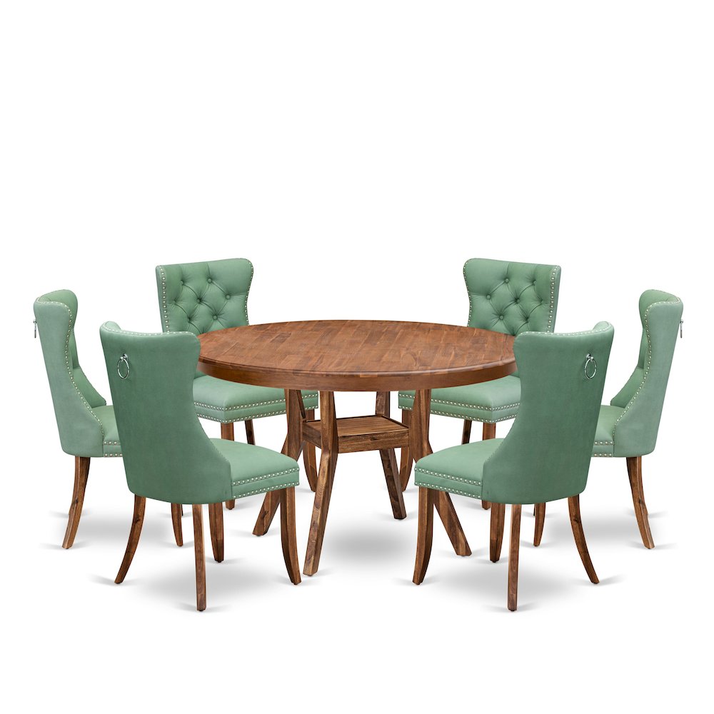 7-Pc Modern Dining Table Set Consist A Table And 6 Willow Green Dining Chairs. Picture 1