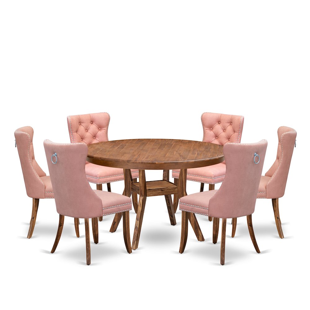 7-Pc Modern Dining Set Consist A Dinner Table And 6 Beige Red Upholstered Chairs. Picture 1