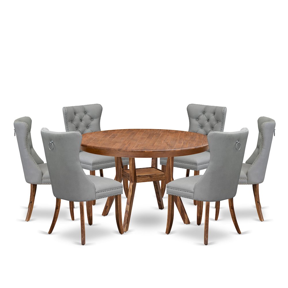 7-Pc Dining Set Consist A Dinner Table And 6 Light Gray Upholstered Chairs. Picture 1
