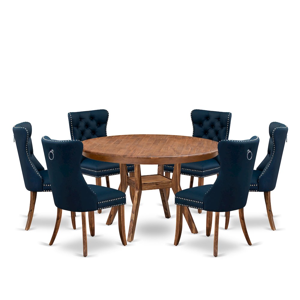 7-Pc Modern Dining Set Consist A Dinner Table And 6 Navy Blue Parson Chairs. Picture 1