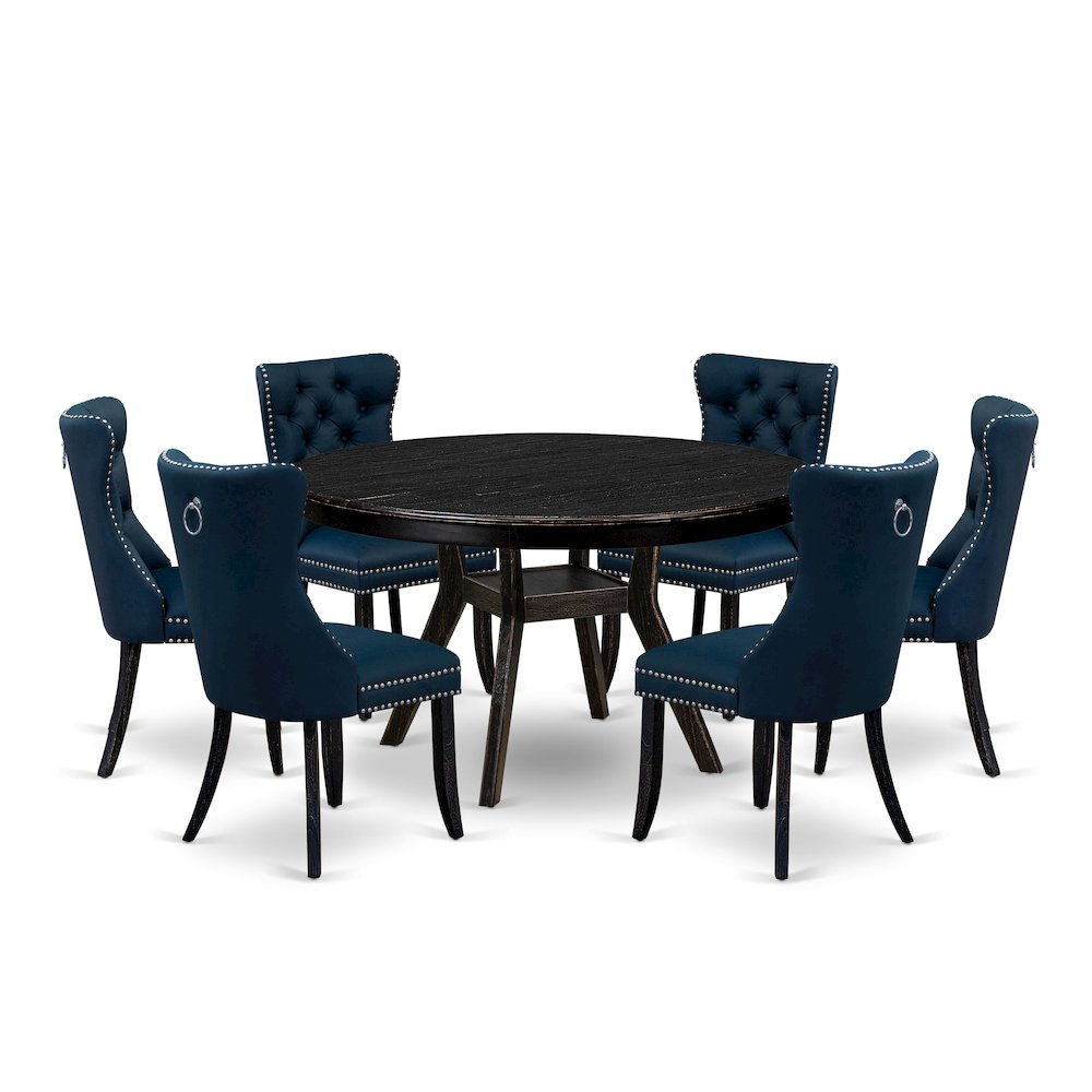 7 Piece Dining Table Set Contains 54" Round Table In Navy Blue Color. Picture 1