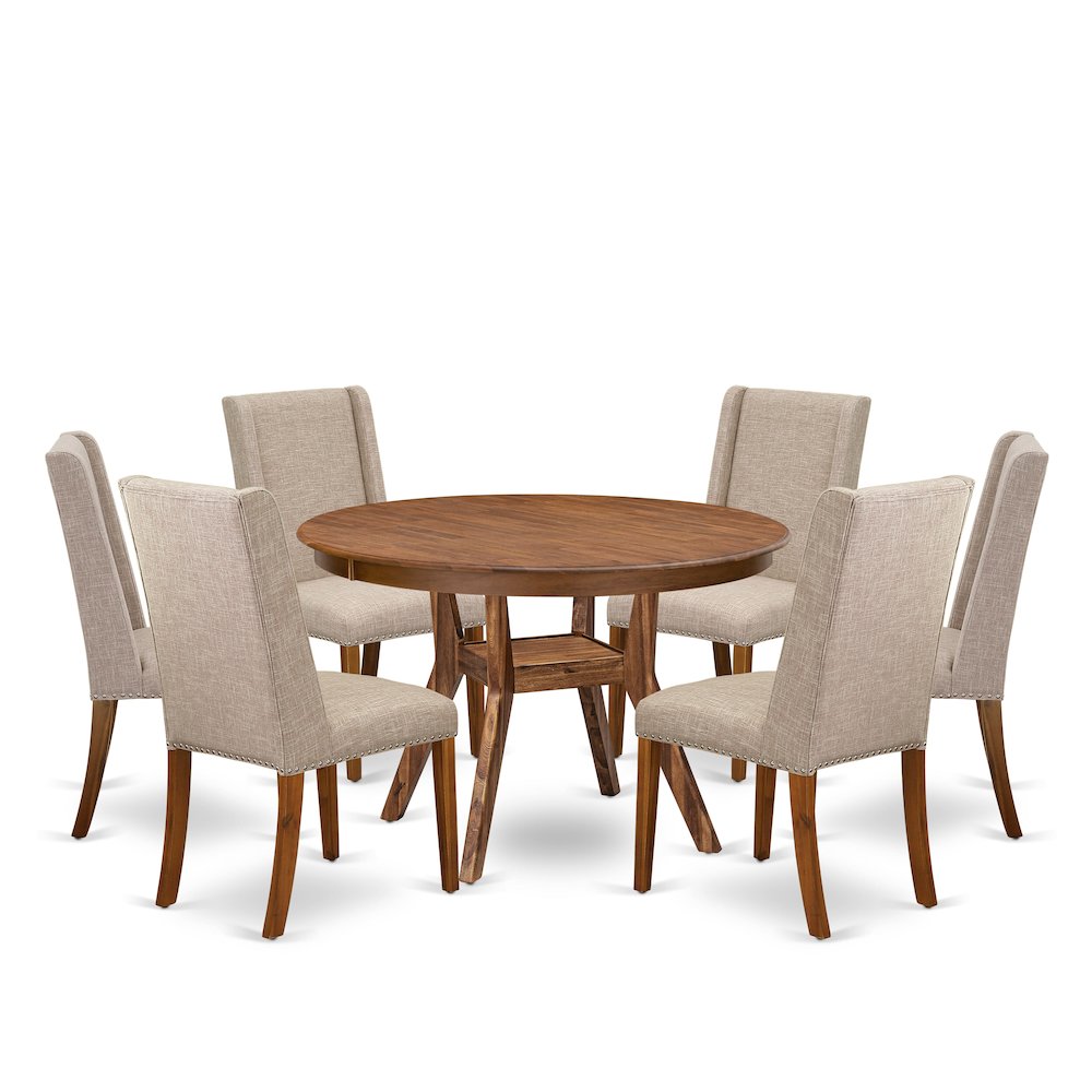 7-Piece Dining A Modern Table And 6 Light Tan Linen Fabric Parsons Chairs. Picture 1