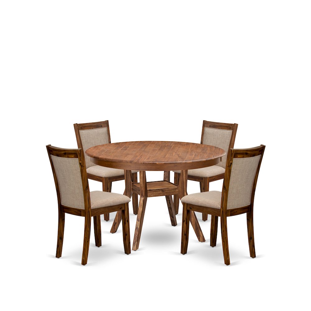 5-Pc Dining Set A Pedestal Breakfast Table, 4 Light Tan Fabric Modern Chairs. Picture 1