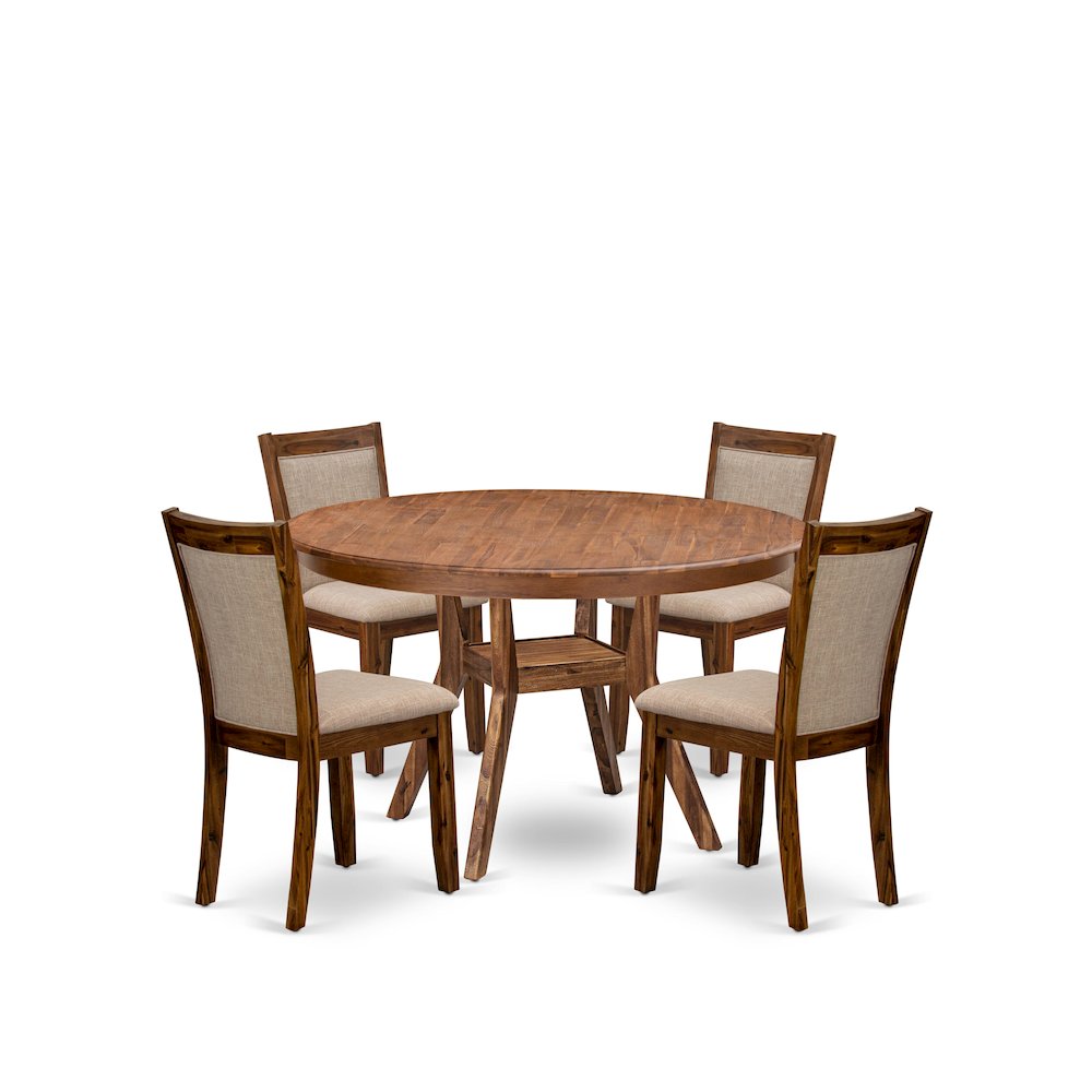 5-Pc Modern Dining Set A Pedestal Wooden Table, 4 Light Tan Fabric Dining Chairs. Picture 1