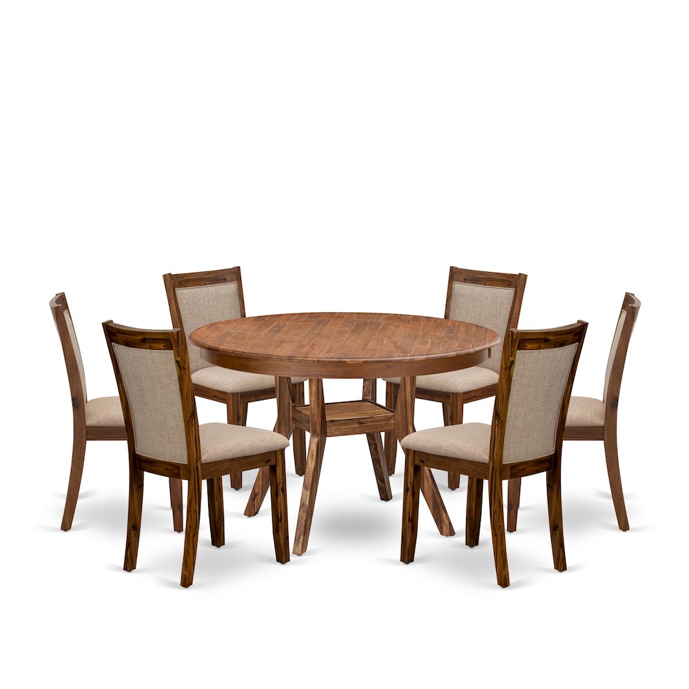 7-Pc Dining Set Of A Pedestal Kitchen Table, 6 Light Tan Upholstered Chairs. Picture 1