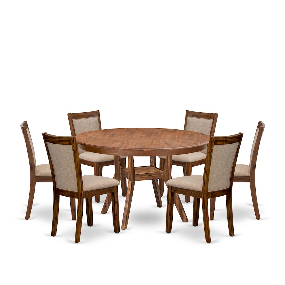 7-Pc Kitchen Table Set Of A Pedestal Breakfast Table, 6 Light Tan Fabric Chairs. Picture 1