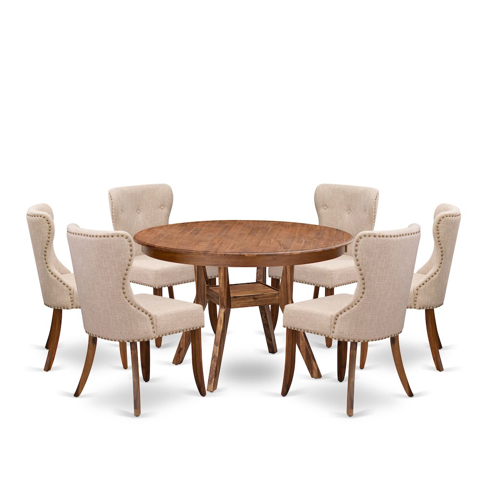 7-Pc Modern Dining Set A Pedestal Kitchen Table, 6 Light Tan Linen Fabric Chairs. Picture 1