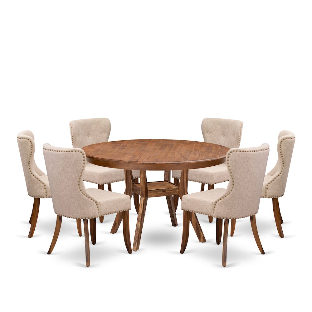 7-Pc Dining Set Of A Pedestal Dining Table, 6 Light Tan Fabric Parson Chairs. Picture 1