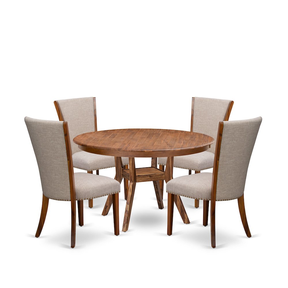 5 Piece Dining Set Consists Of 54" Round Kitchen Table In Light Tan Color. Picture 1