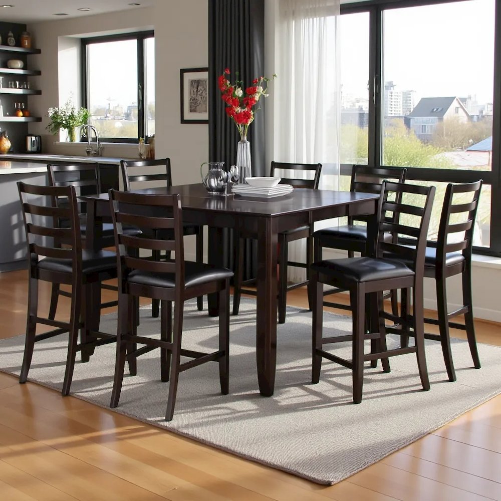 Square Counter Height Dining Table for 8 with Chairs in Brown Wood. Picture 2