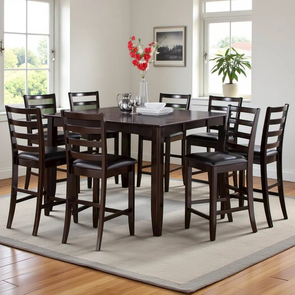 Square Counter Height Dining Table for 8 with Chairs in Brown Wood. Picture 6