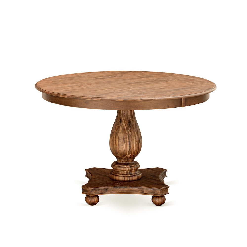 F2MZ5-N04 5-Pc Kitchen Dining Table Set - Pedestal Table and 4 Light Tan Parson Chairs with High Back - Antique Walnut Finish. Picture 3