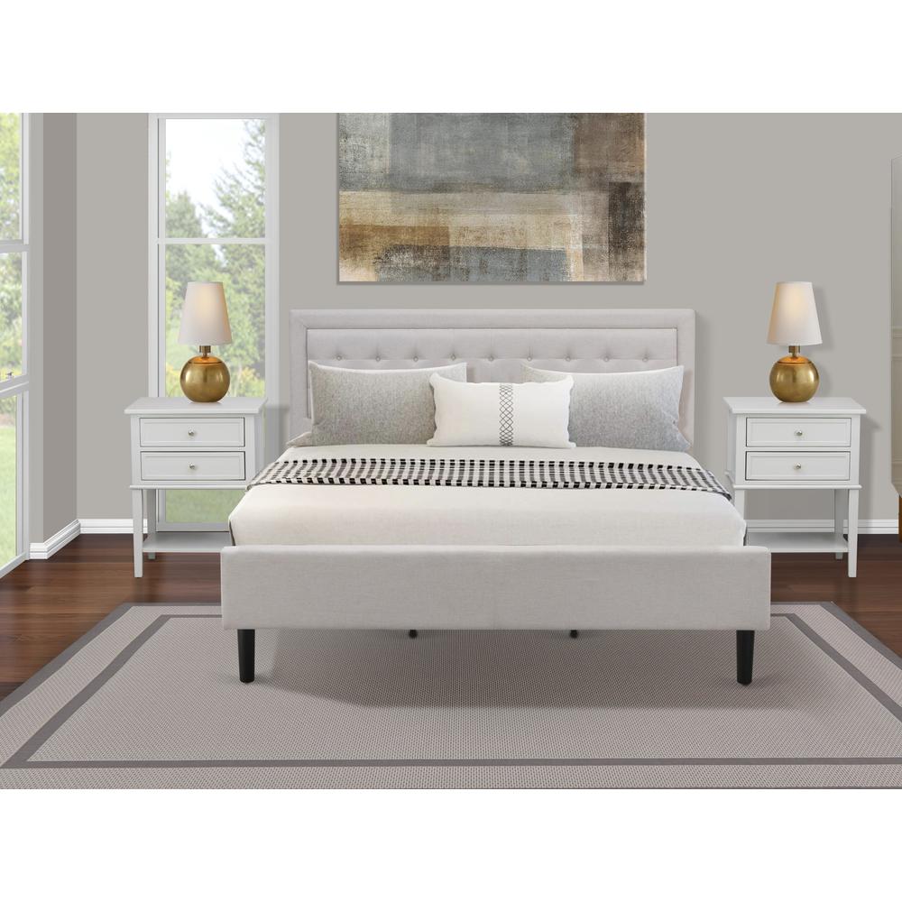 FN08K-2VL14 3-Piece Platform King Size Bedroom Set with 1 Mid Century Bed and 2 Night Stands - Mist Beige Linen Fabric. Picture 8