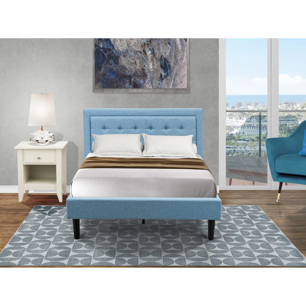 FN11F-1GA0C 2-Piece Platform Full Bedroom Set with 1 Full Bed Frame and a Wooden Night Stand - Denim Blue Linen Fabric. Picture 8