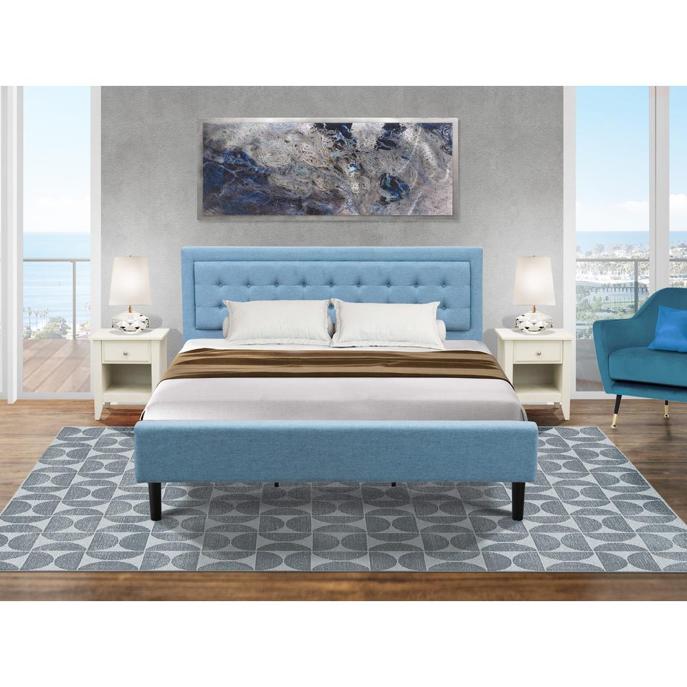 FN11K-2GA0C 3-Piece Platform King Bedroom Set with 1 Wood Bed Frame and 2 Modern Nightstands - Denim Blue Linen Fabric. Picture 8