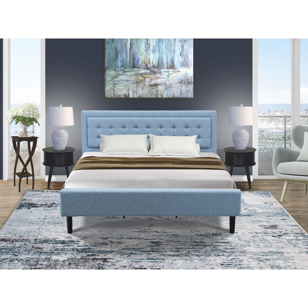 FN11K-2GO15 3-Piece Platform King Size Bedroom Set with 1 King Size Frame and 2 End Tables for bedroom - Denim Blue Linen Fabric. Picture 8