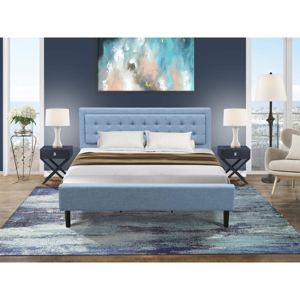 East West Furniture 3-Piece Platform Bedroom Set with 1 Modern Bed and 2 Night Stands for Bedrooms - Reliable and Durable Construction - Denim Blue Linen Fabric. Picture 2