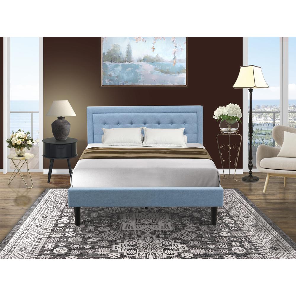 FN11Q-1GO15 2-Piece Platform Bedroom Furniture Set with 1 Platform Bed and a Wood Nightstand - Denim Blue Linen Fabric. Picture 8