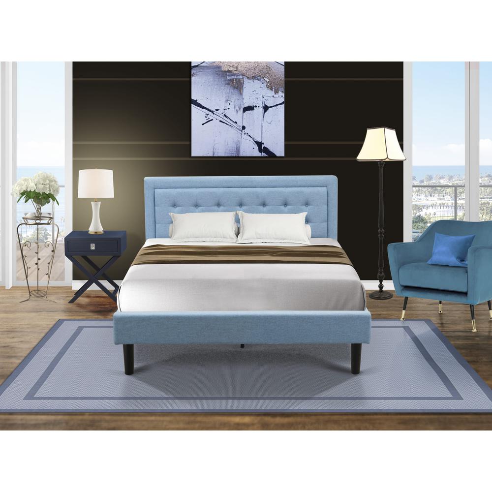 FN11Q-1HA15 2-Piece Platform Queen Bed Set Furniture with 1 Platform Bed and an End Table for bedroom - Denim Blue Linen Fabric. Picture 8