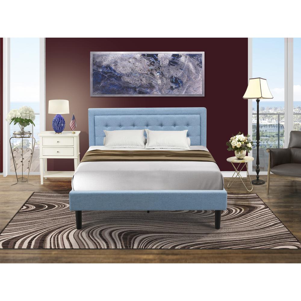 FN11Q-1VL0C 2-Pc Platform Queen Bed Set Furniture with 1 Wood Bed Frame and a Night Stand for Bedrooms - Denim Blue Linen Fabric. Picture 8