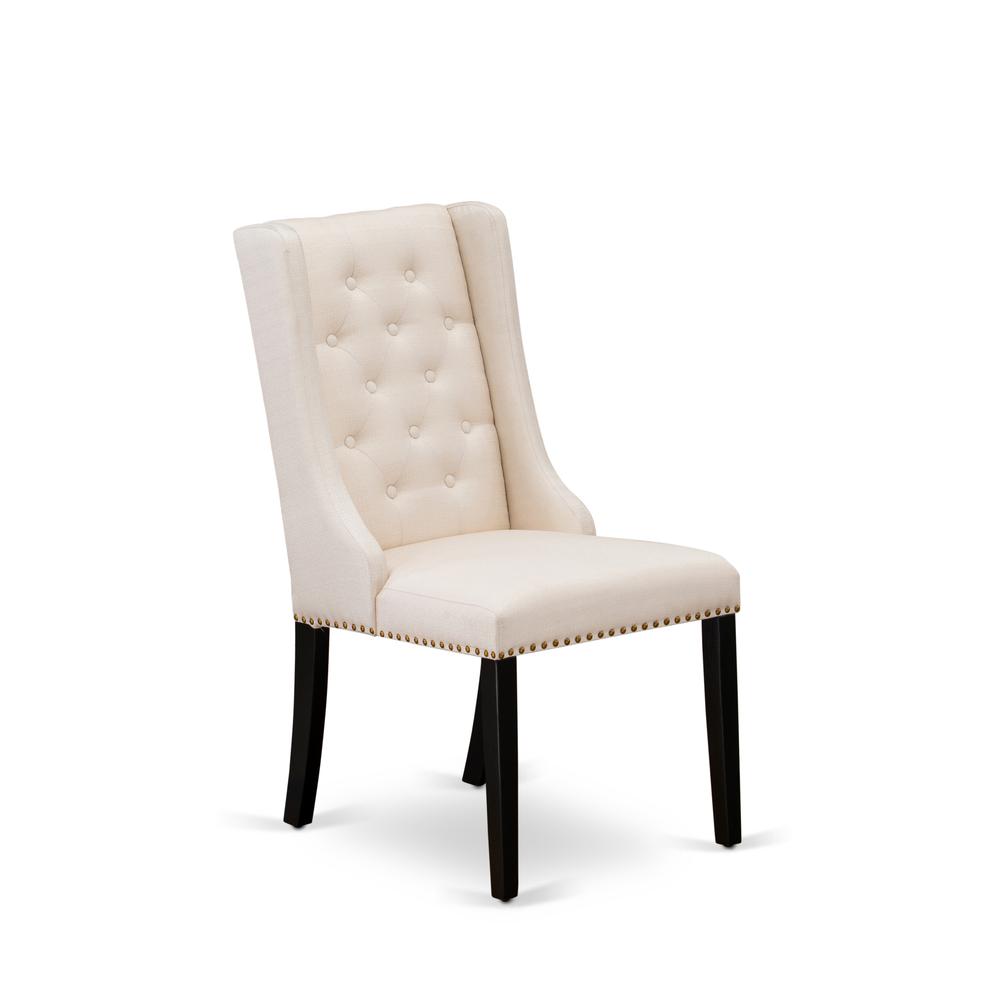FOP1T01 Dining Padded Chairs - Cream Linen Fabric Kitchen Parson Chairs and Button Tufted Back with Black Rubber Wood Legs - Parson Dining Chairs Set of 2 - Set of 2. Picture 3