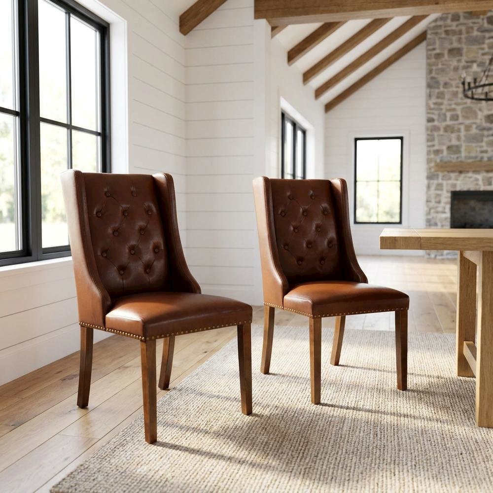Linen-Upholstered Parsons Dining Chairs with Button-Tufted Back, Set of 2. Picture 3