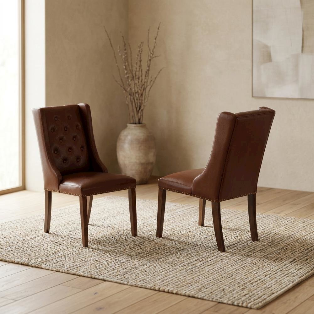 Linen-Upholstered Parsons Dining Chairs with Button-Tufted Back, Set of 2. Picture 4
