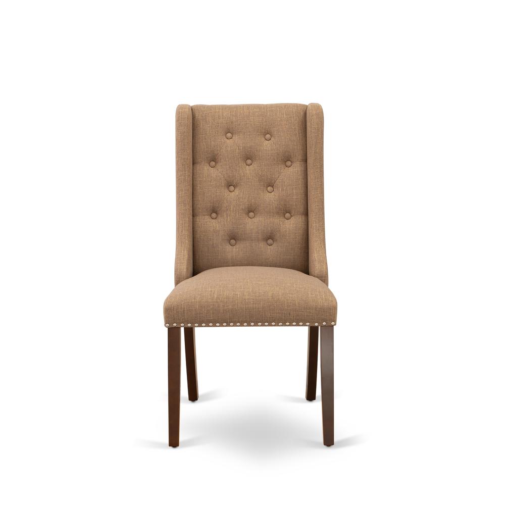 FOP3T47 Dining Chairs - Light Sable Linen Fabric Parson Dining Chairs and Button Tufted Back with Mahogany Rubber Wood Legs - Dining Chair Set of 2 - Set of 2. Picture 2