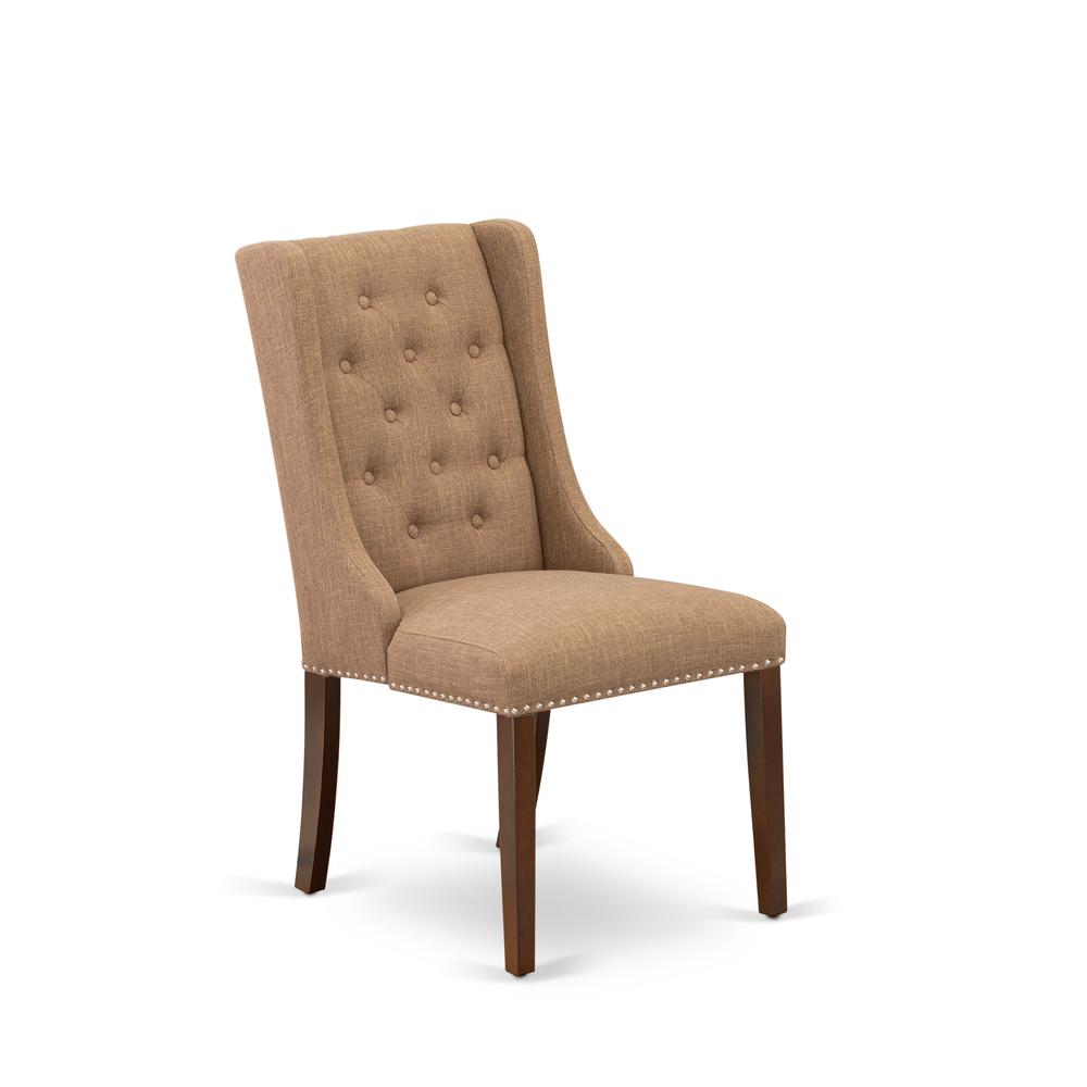 FOP3T47 Dining Chairs - Light Sable Linen Fabric Parson Dining Chairs and Button Tufted Back with Mahogany Rubber Wood Legs - Dining Chair Set of 2 - Set of 2. Picture 3
