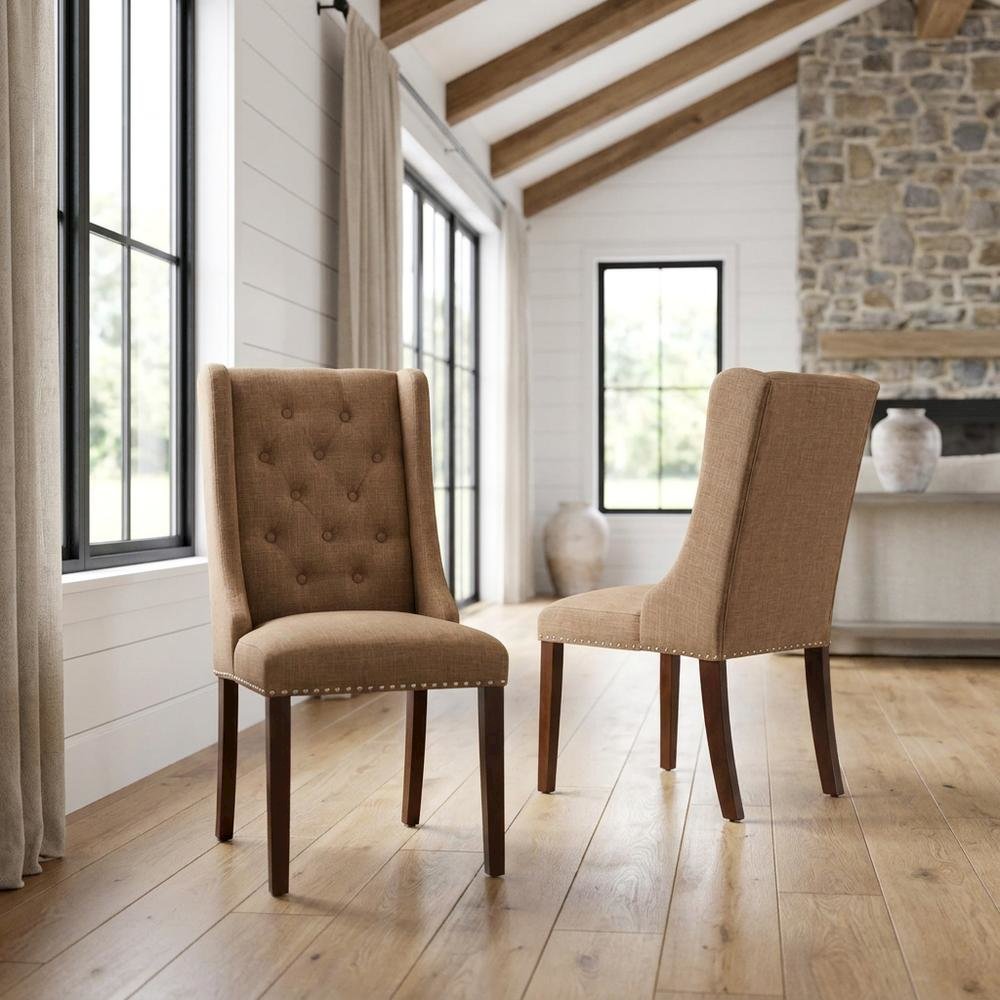 Linen-Upholstered Parsons Dining Chair with Button-Tufted Back, Set of 2. Picture 3