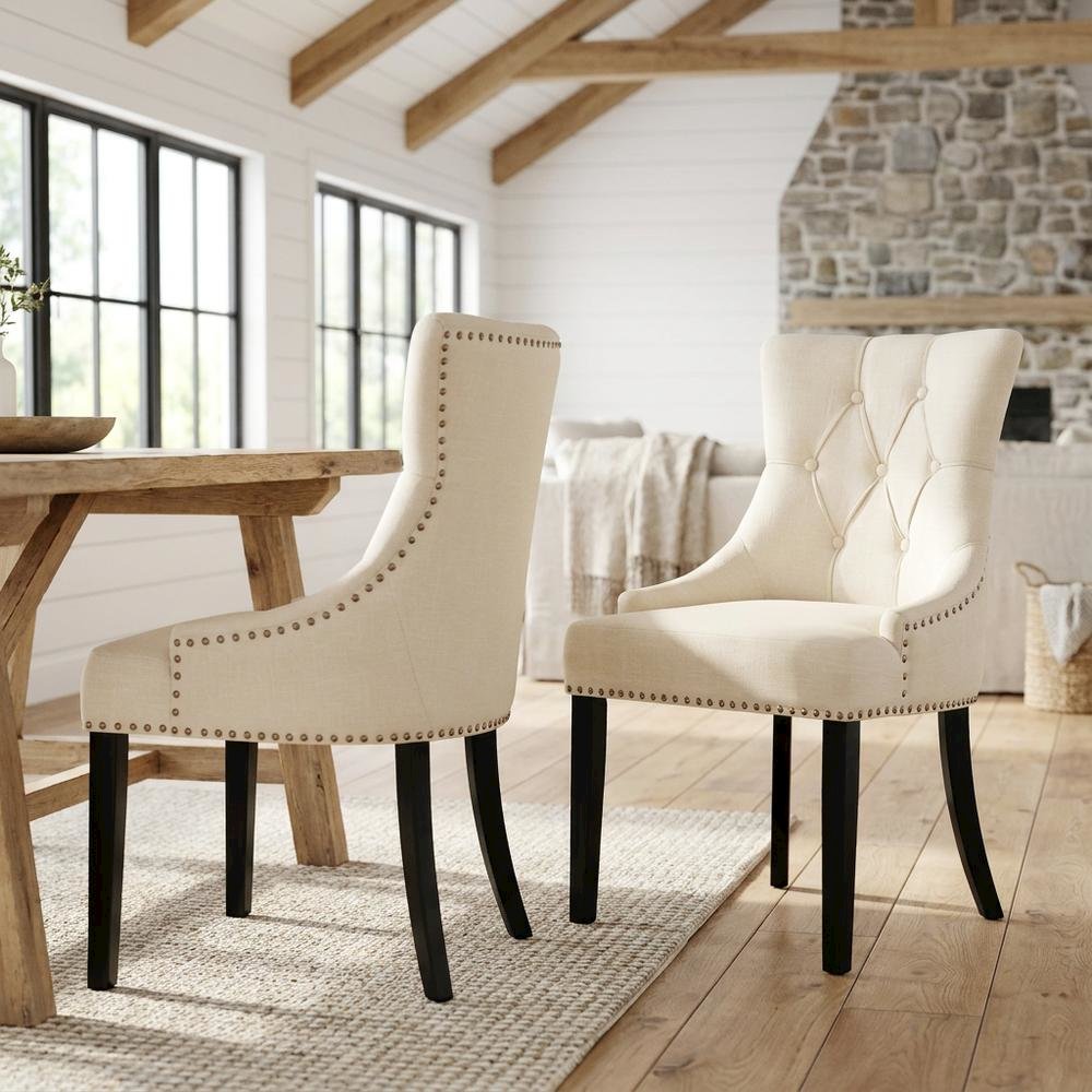 Linen-Upholstered Parson Dining Chairs with High Back for Dining Room, Set of 2. Picture 3