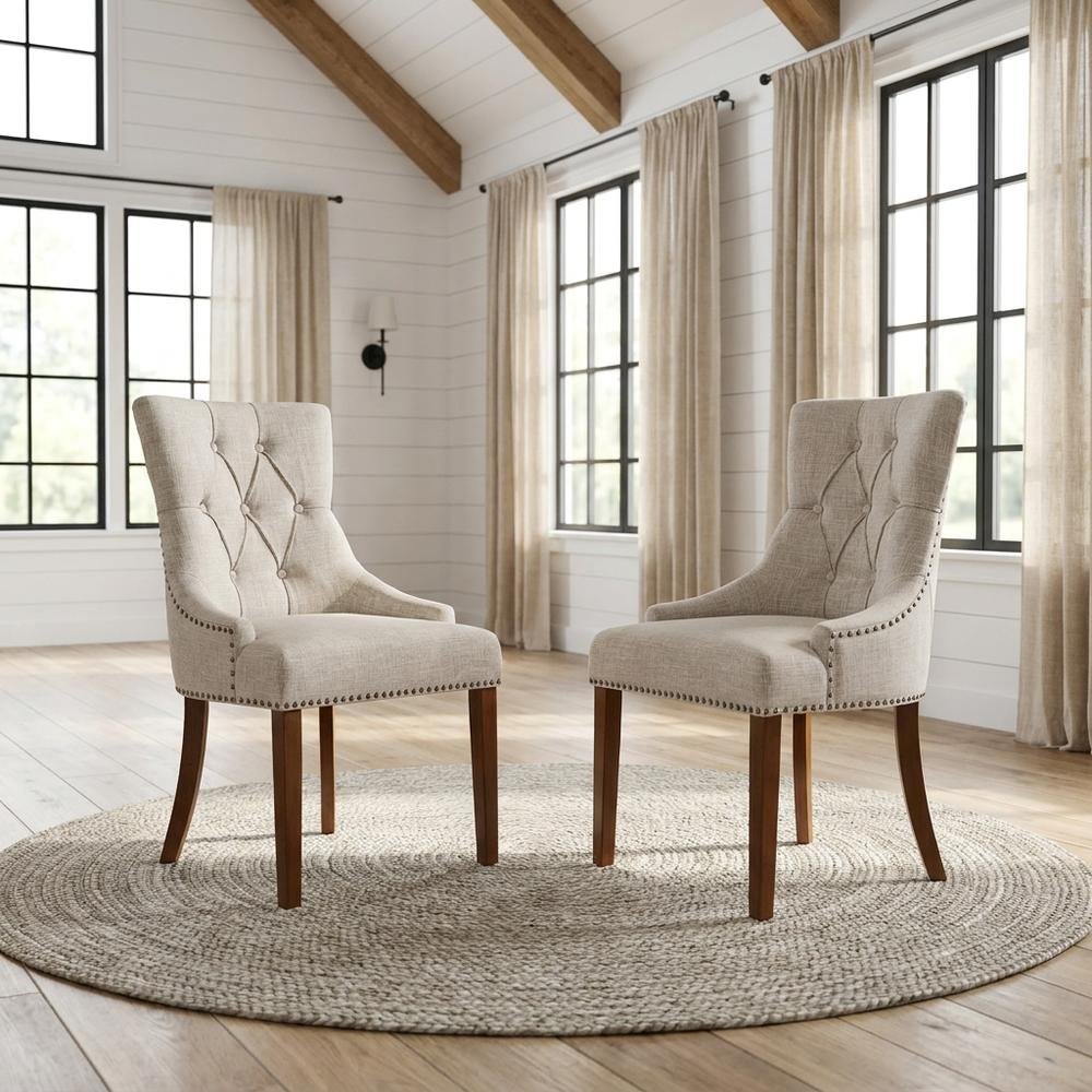 Linen-Upholstered Parsons Dining Chair with Legs for Dining Room, Mahogany, Set of 2. Picture 3