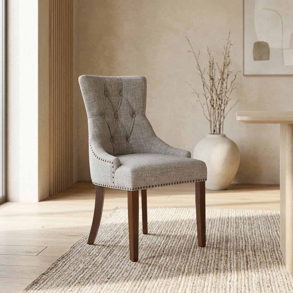 Linen-Upholstered Parsons Dining Chair with Legs for Dining Room, Mahogany, Set of 2. Picture 4