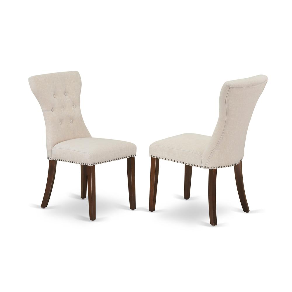 East West Furniture DMGA3-MAH-32 3 Piece Modern Dining Table Set - Mahogany Dinning Table and 2 Light Tan Linen Fabric Upholstered Dining Chairs Button Tufted Back with Nail Heads - Mahogany Finish. Picture 3