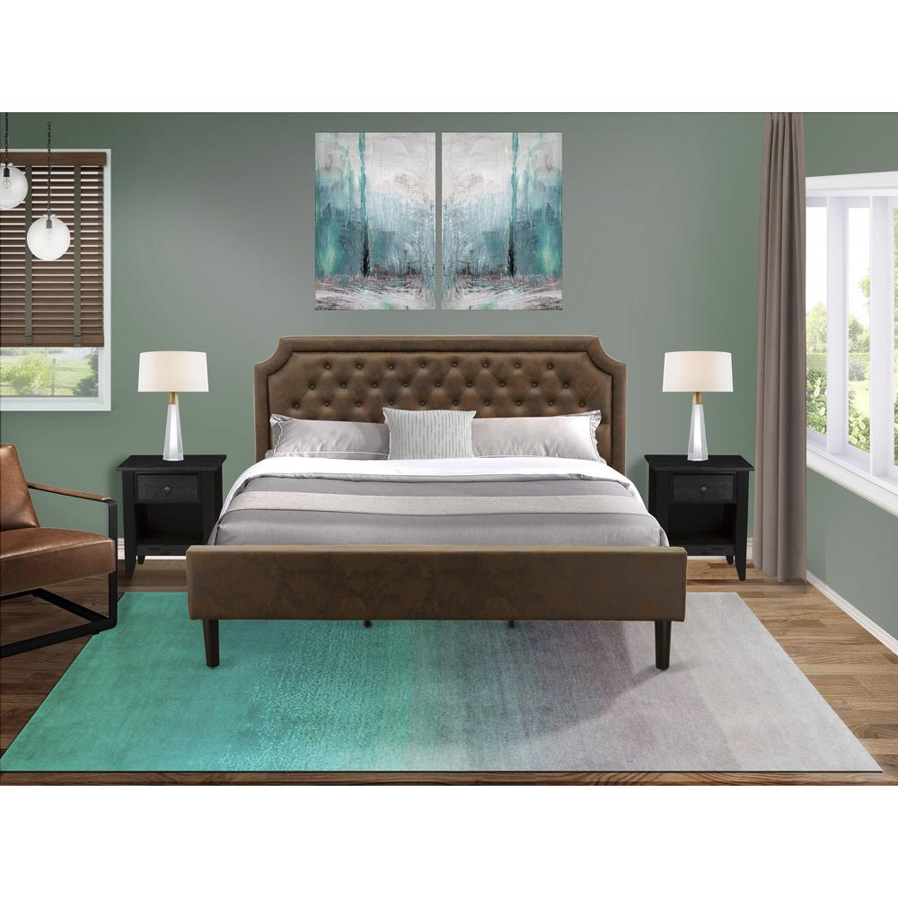GB25K-2GA06 3-Pc Bedroom set with Bed and 2 Wire Brushed Black End Tables for bedroom - Dark Brown Faux Leather and Black Legs. Picture 8