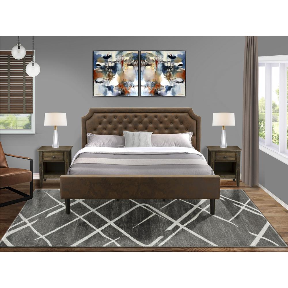 GB25K-2GA07 3-Pc Platform Bedroom set with King Bed and 2 Distressed Jacobean End Tables - Dark Brown Faux Leather and Black Legs. Picture 8