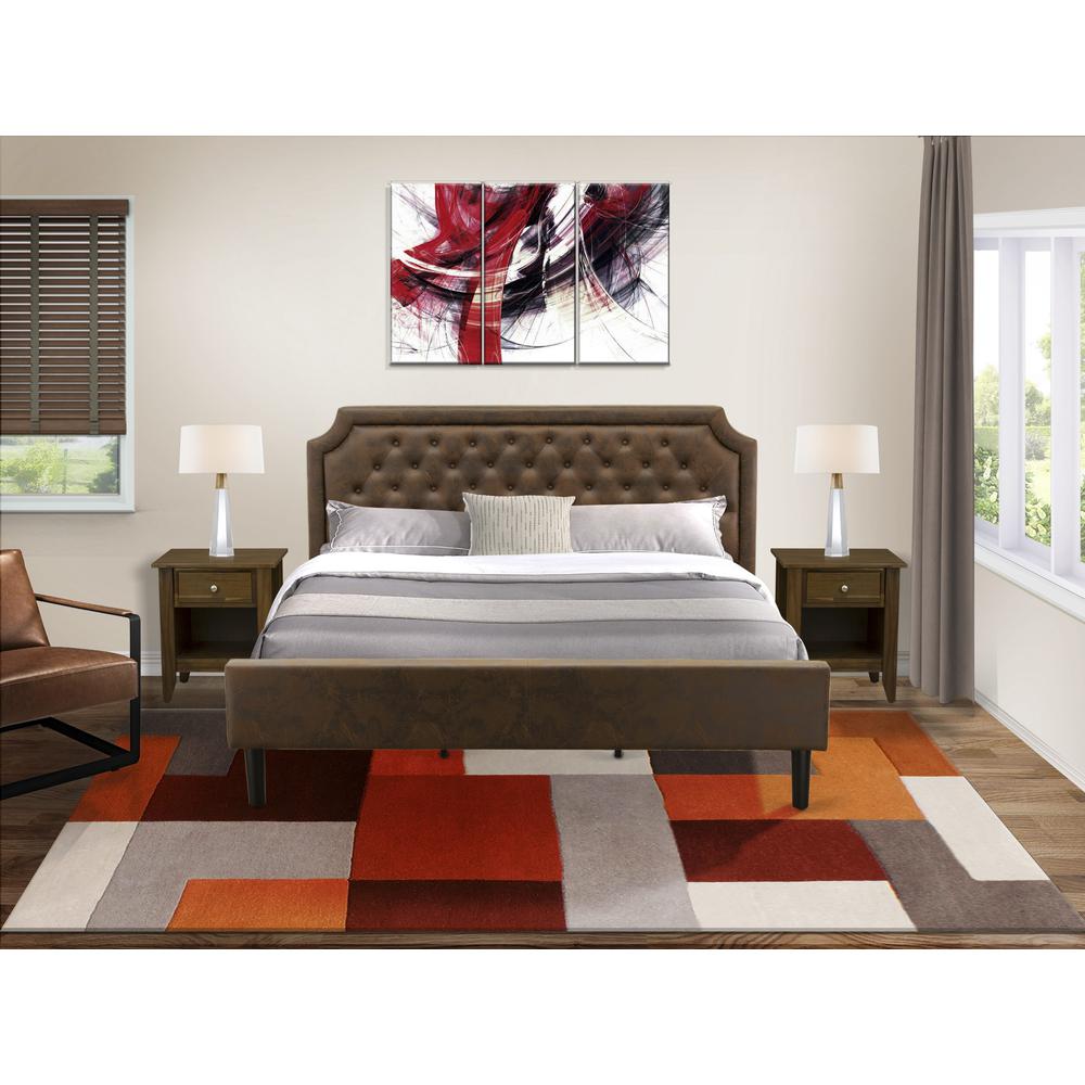 GB25K-2GA08 3-Pc Bedroom Set with a King Bed and 2 Antique Walnut Mid Century Nightstands - Dark Brown Faux Leather and Black Legs. Picture 8