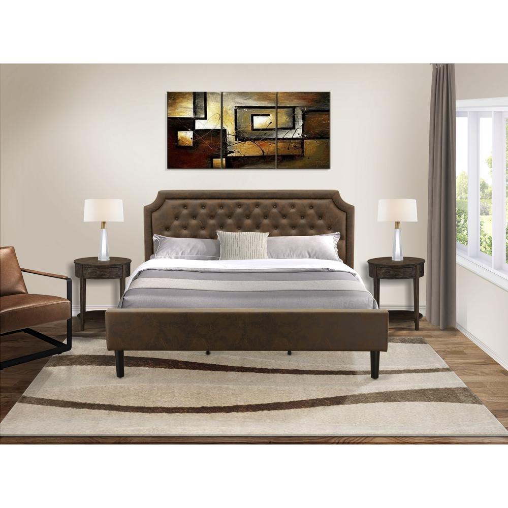 GB25K-2HI07 3-Piece Bedroom Set with King Bed and 2 Distressed Jacobean Small End Tables - Dark Brown Faux Leather and Black Legs. Picture 8