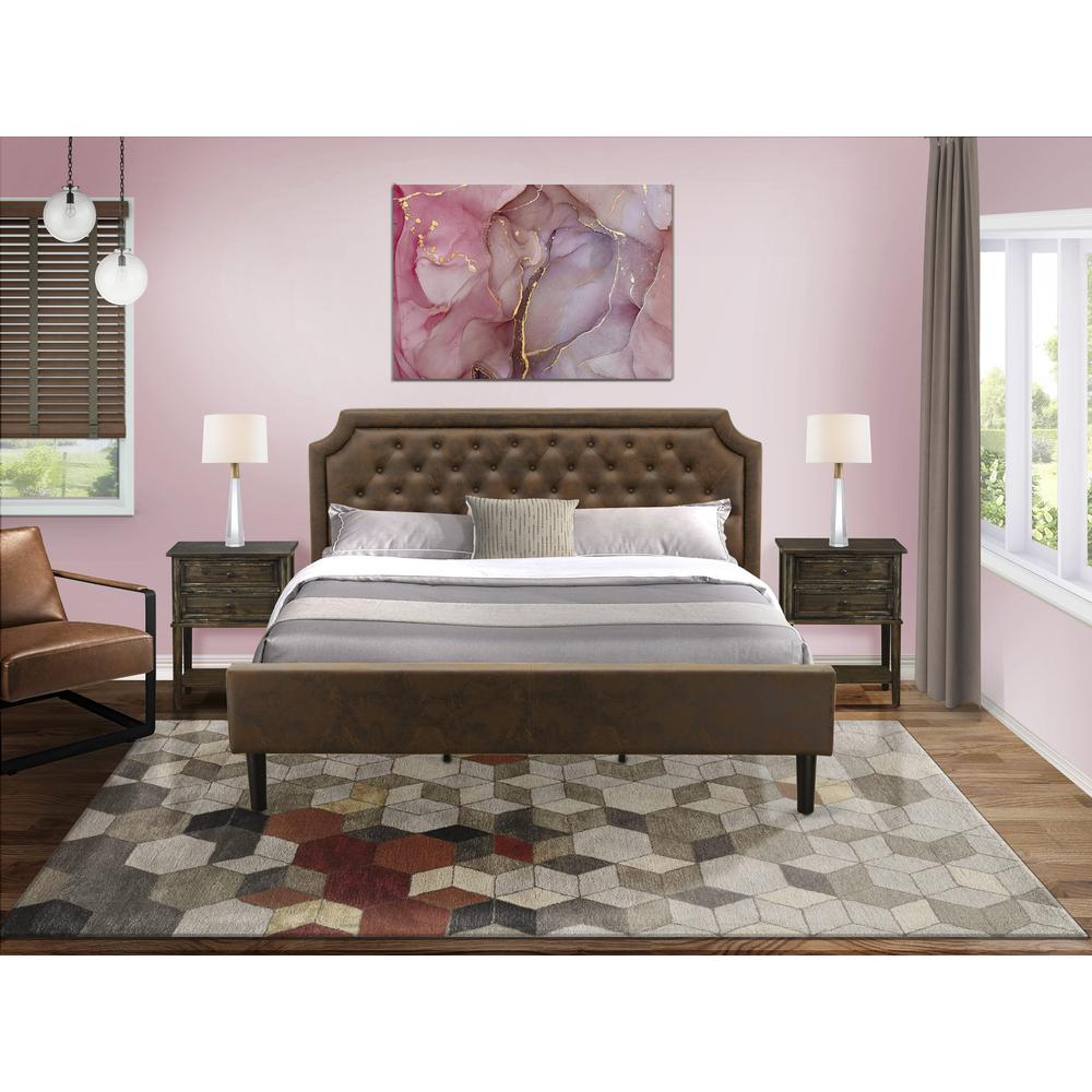 GB25K-2VL07 3-Pc King Bedroom set with Bed and 2 Distressed Jacobean Bedroom Nightstand - Dark Brown Faux Leather and Black Legs. Picture 8