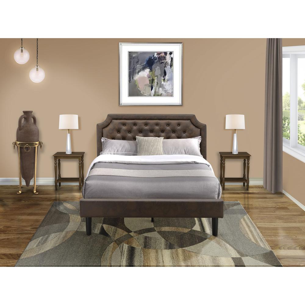 GB25Q-2BF08 3-Pc Platform Bed Set with Upholstered Bed and 2 Antique Walnut Nightstands - Dark Brown Faux Leather and Black Legs. Picture 8